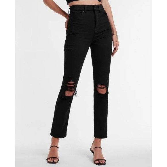 EXPRESS Black Super High Rise Slim Straight Ripped Knee Distressed Jeans 14 - Picture 1 of 12